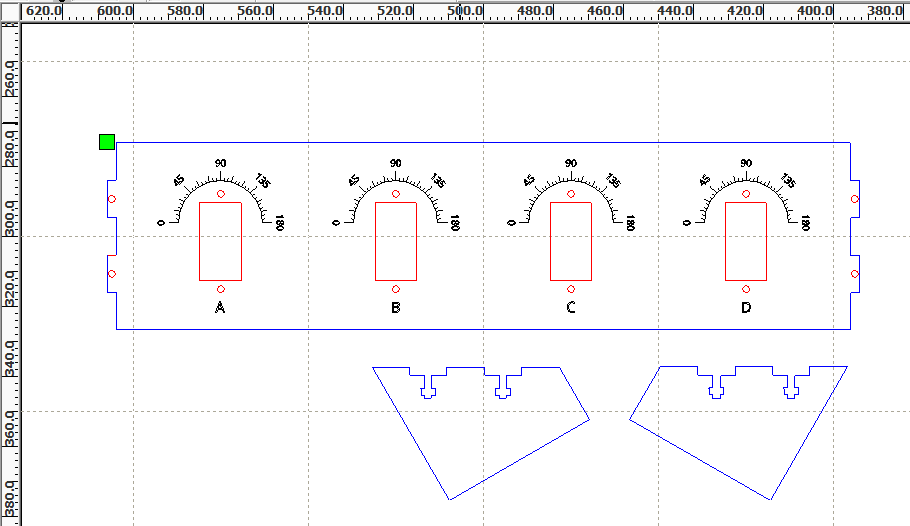 Cutting diagram showing the outlines, internal cuts, and etched labels.