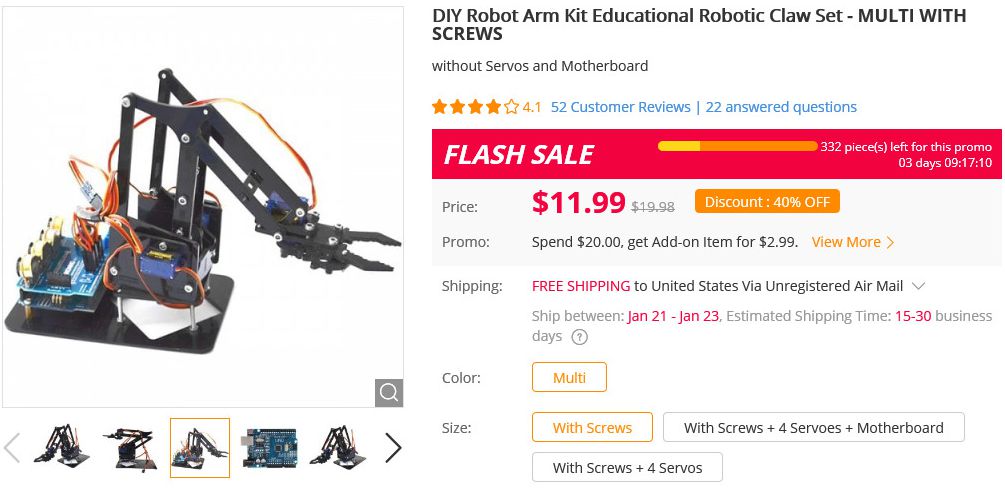 A web page offering a robot arm for $11.99