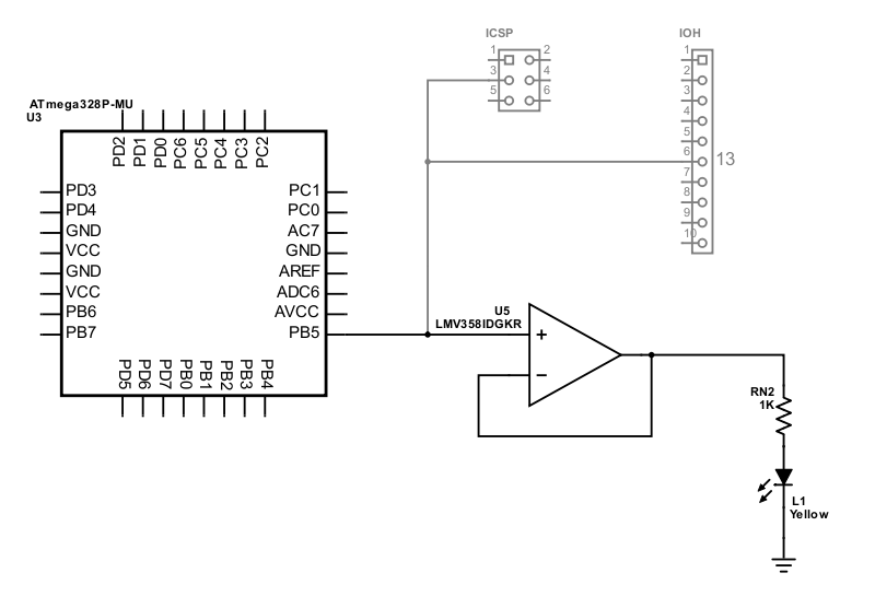 Circuit diagram showing how an op-amp isolates the LED from the data line