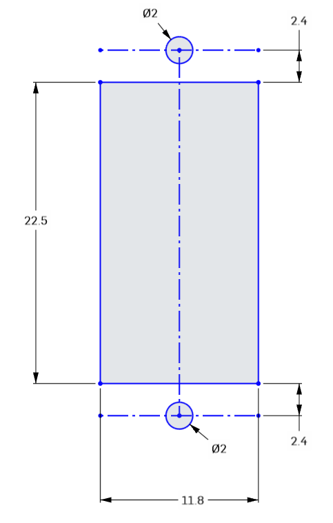 Mechanical drawing showing the size and position of a rectangular hole for the servo and two screw holes